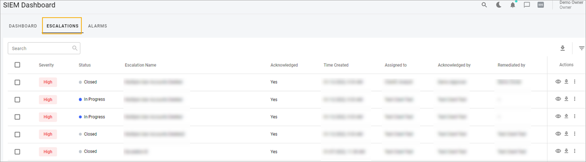 SIEM Escalations Tab